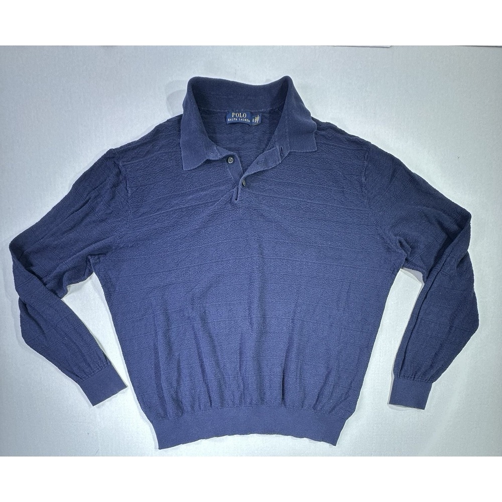 Polo Ralph Lauren Knit Long Sleeve Polo Sweater Navy Blue Seersucker Cotton XL